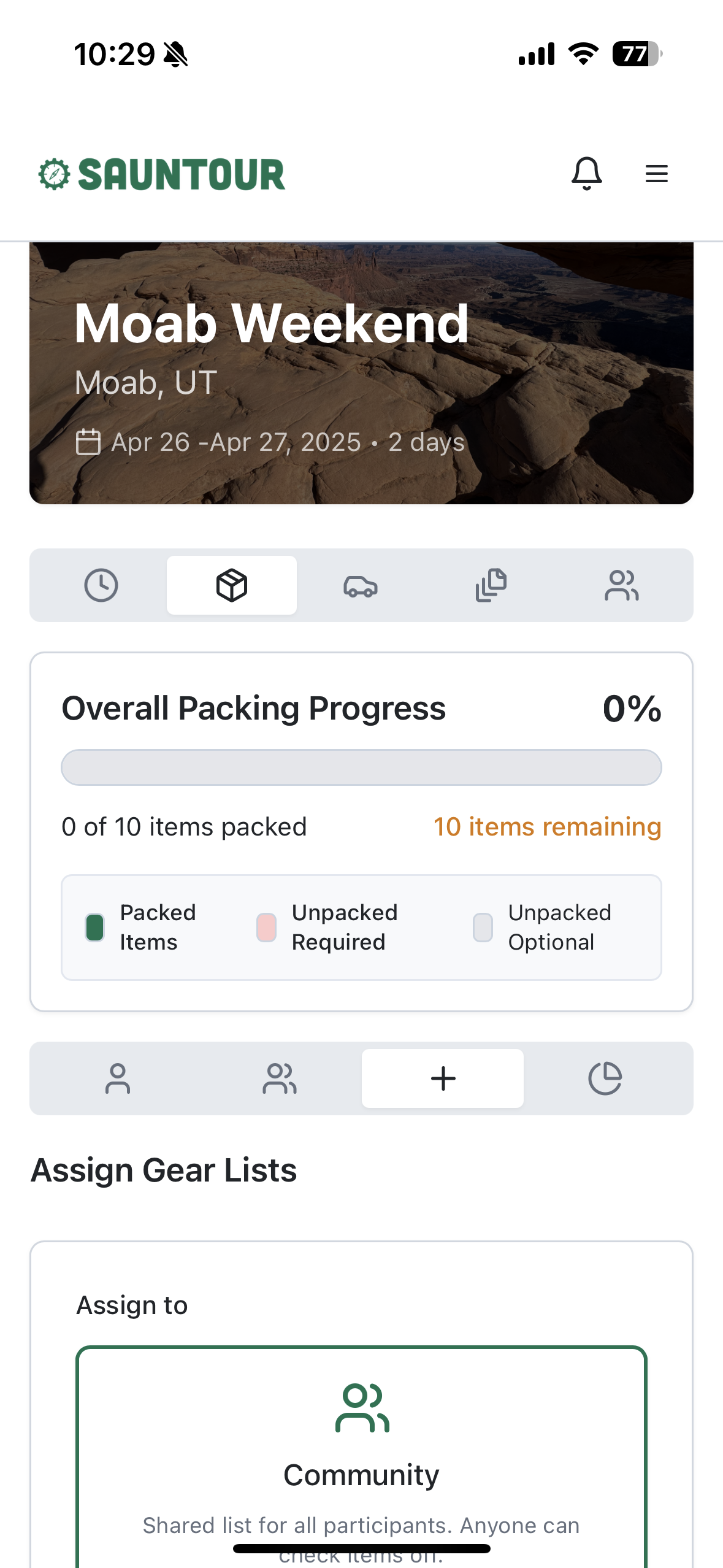 Gear management screen showing packing lists
