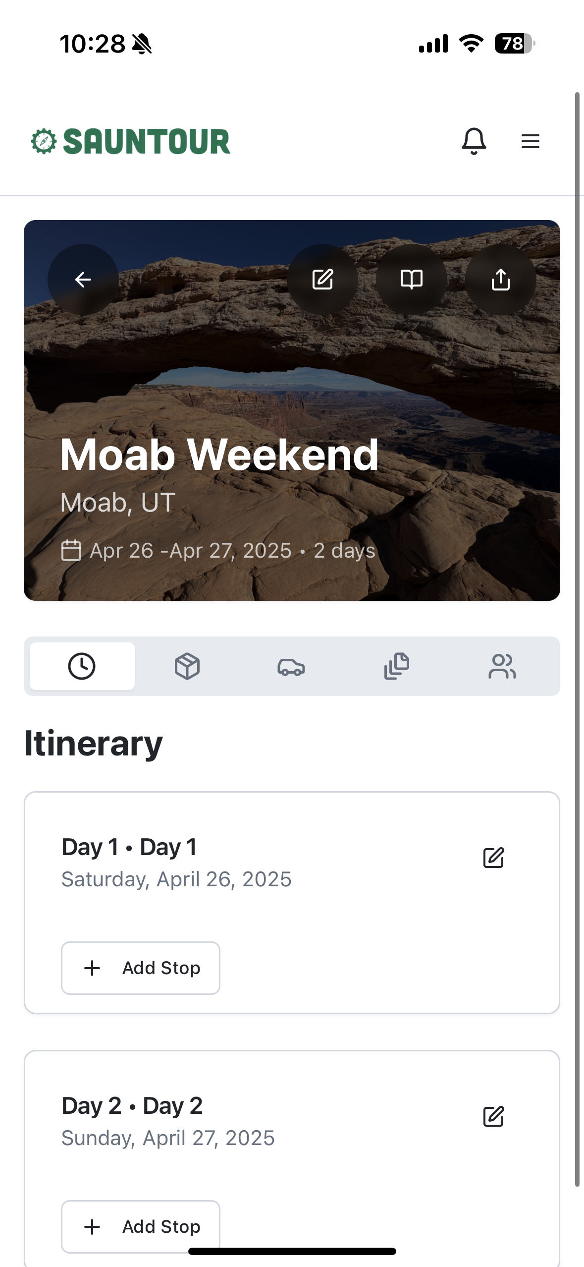 Itinerary planning interface in the SAUNTOUR app